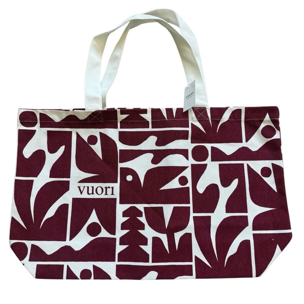 Vuori Canvas Tote Bag Burgundy Cream Abstract Print Large Beach Market Everyday